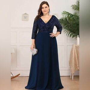 🆕 Plus Size V Neck A-Line Sequin Evening Dress with Sleeve